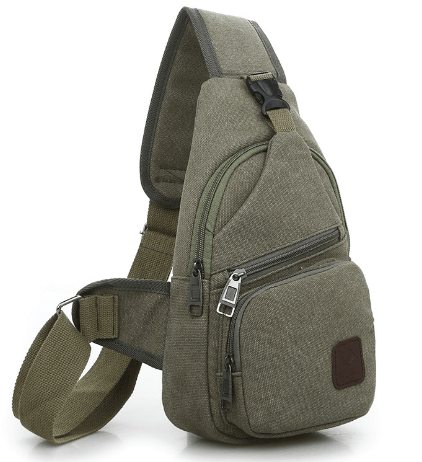 Chest Bag, Crossbody Bag, Cycling Bag in green fabric with multiple pockets and adjustable strap.