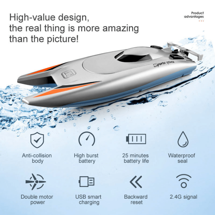 Dual motor remote control boat showcasing high-value design and features like anti-collision body and waterproof seal.