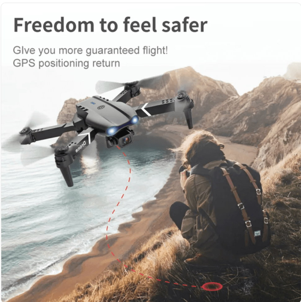 E99 Folding 4K Camera Drone with Remote Control flying above a photographer on a cliff with GPS positioning return feature.