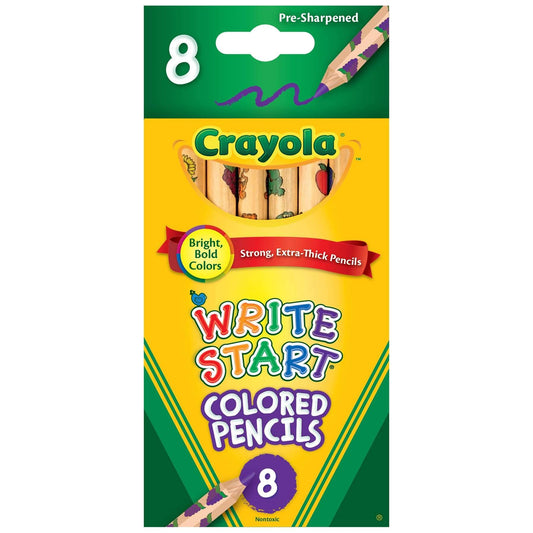 Crayola Write Start Colored Pencils pack with 8 brightly colored, extra-thick pencils for young artists.