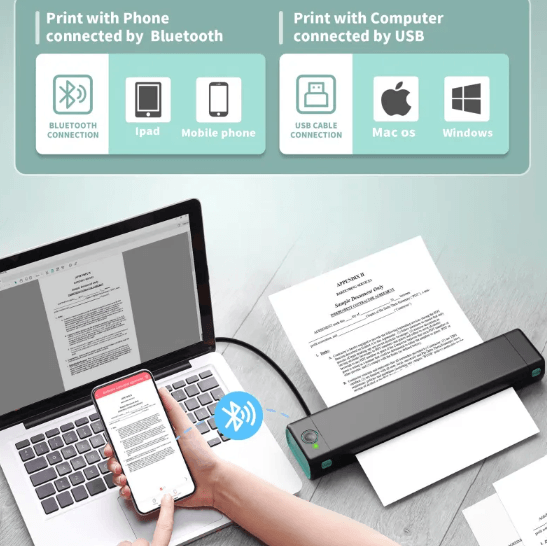 Wireless Thermal Printer connected to phone and computer for Bluetooth and USB printing