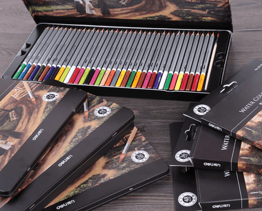 Colored Pencils and Markers Set displayed in a metal case, showcasing vibrant colors for artistic creativity.