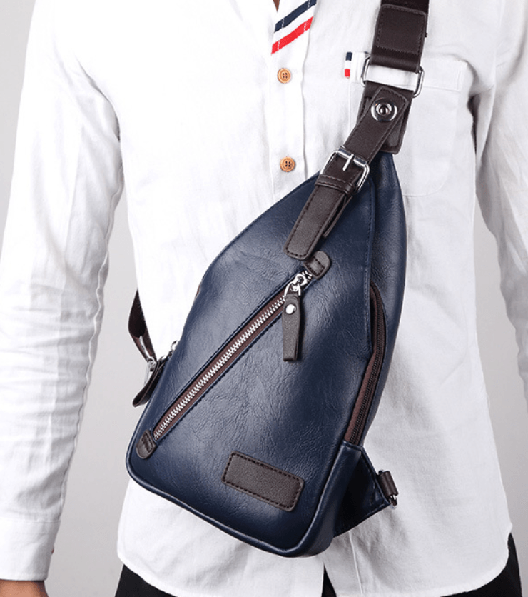 Stylish man wearing a versatile waist bag made of high-quality PU leather.