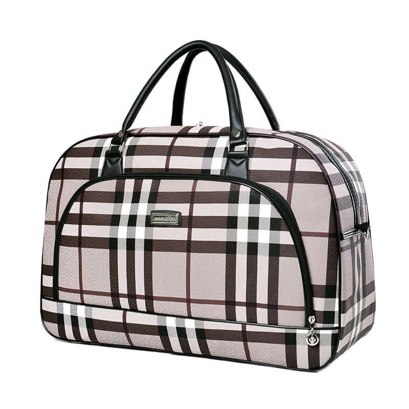 Multifunctional travel storage bag in a stylish plaid design, perfect for travel and organization.