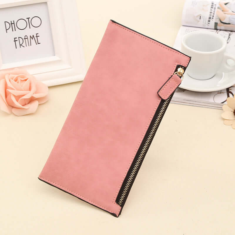 Personalized Long Wallet for Women in soft pink PU leather with a stylish zipper.