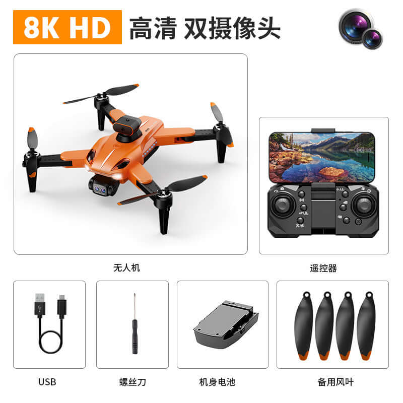 P9 Carbon Fiber GPS Drone with HD Camera and Obstacle Avoidance in orange with remote control and accessories.