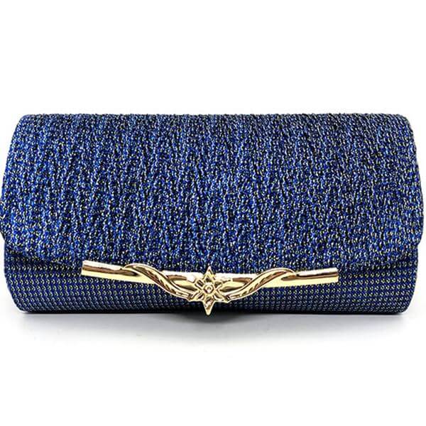 Stylish shiny clutch bag in blue with gold clasp for elegant occasions.