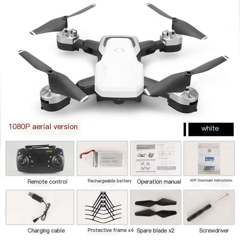 Foldable drone with camera, 1080P aerial version, including remote control, rechargeable battery, and accessories.