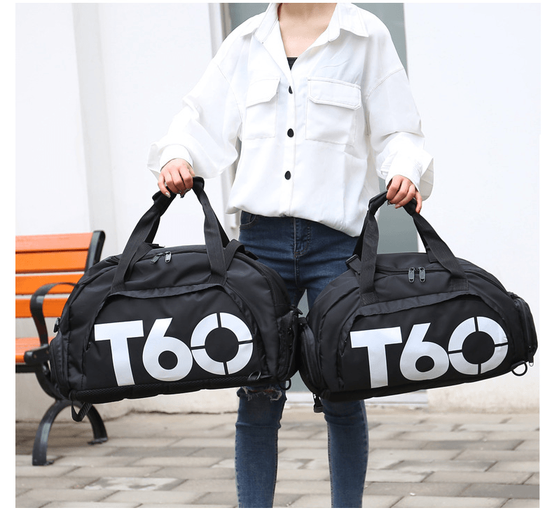 Two T60 backpacks held by a person, showcasing a versatile travel gym backpack ideal for various uses.