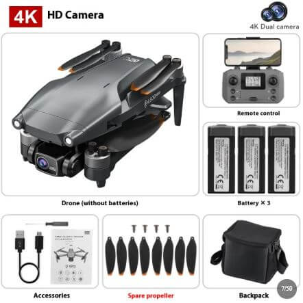 L600PRO Folding Four-axis Drone with HD camera, remote control, spare parts, and backpack.