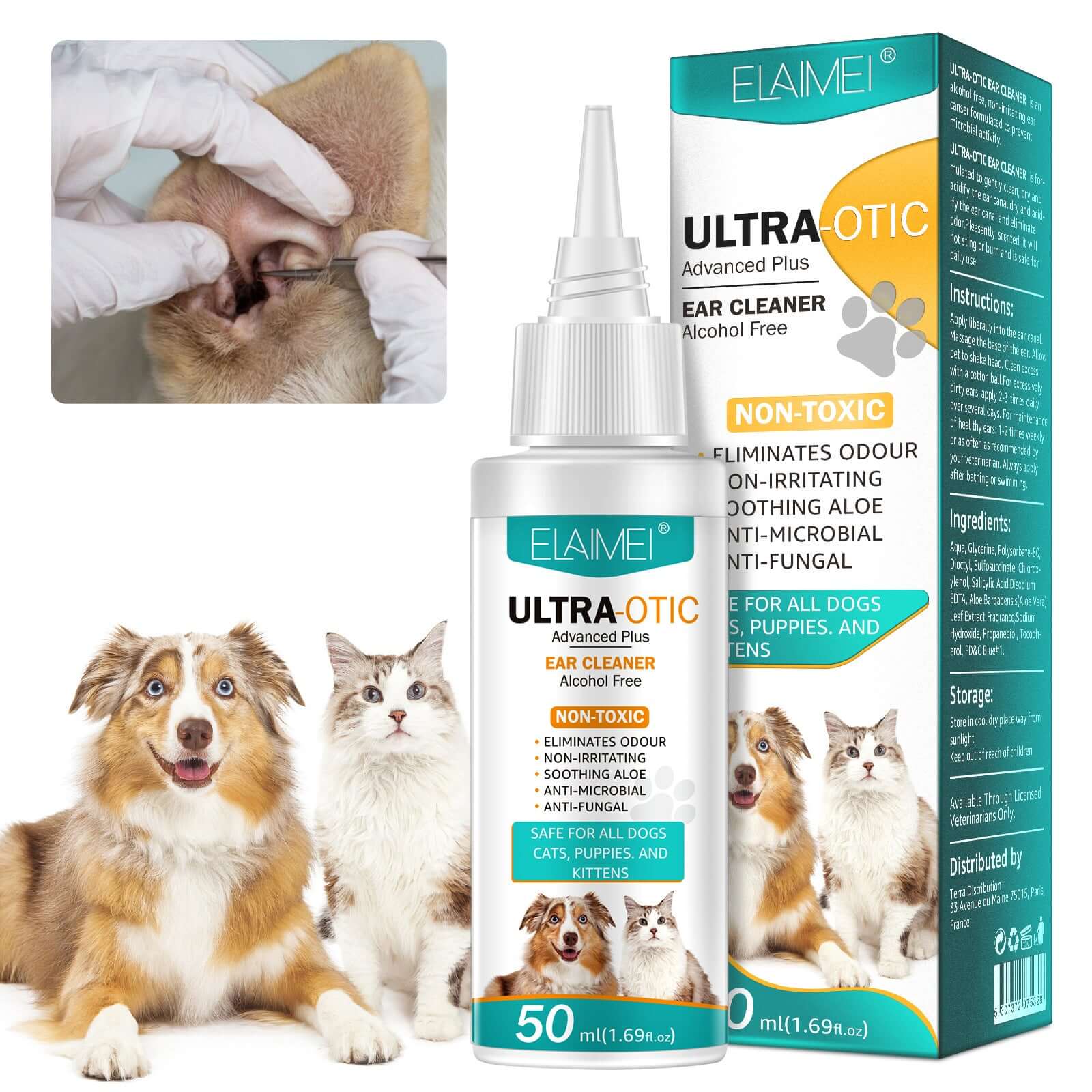 Pet Ear Cleaner 50ml - gentle formula for cleaning pets' ears, safe for dogs and cats, prevents infections and discomfort.