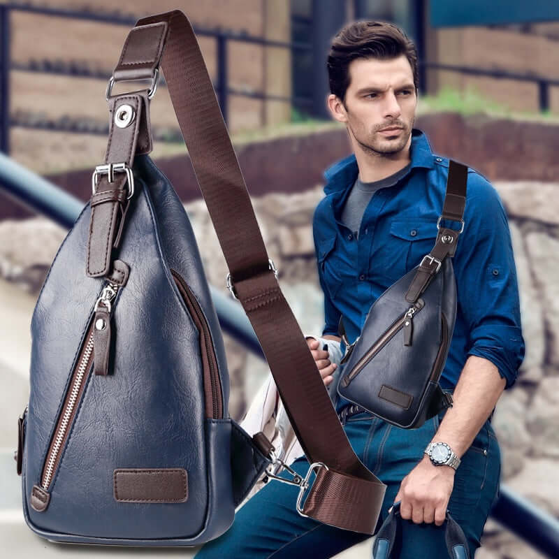 Man wearing a versatile waist bag made of high-quality PU leather, showcasing style and functionality.