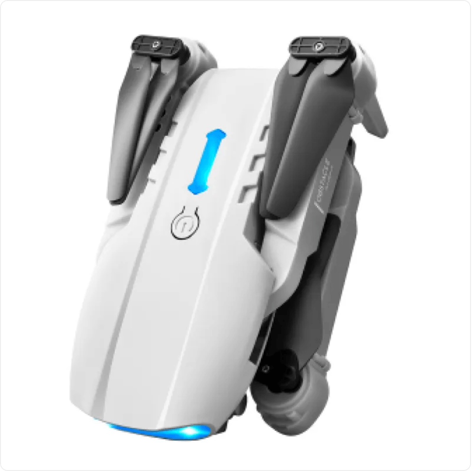 E99 4K camera drone with remote control, compact design, folding arms, modern aesthetic, LED indicators.