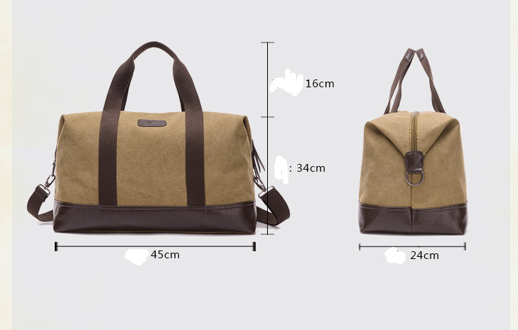 Canvas Crossbody Bag, Travel Bag, Sports Bag dimensions front and side view on display.