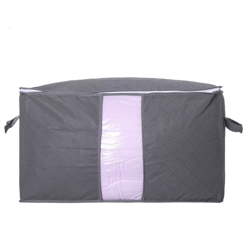 Storage Bag Quilt Storage Bag Moving Packing Bag Clothes Sorting Bag Clothing Duffel Bag in gray with a pink section.