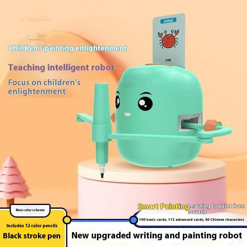 Intelligent automatic drawing robot for kids in green, promoting children's painting enlightenment and creativity.
