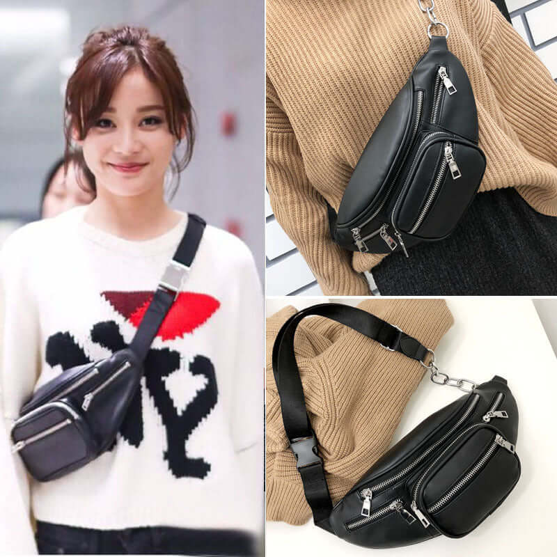 Stylish crossbody phone bag shown worn by a woman, featuring multiple zippers and a sleek black design.