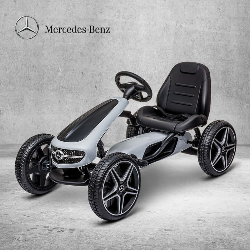 Mercedes Kids Go-Kart Pedal Bike for Children in silver with black wheels and seat.