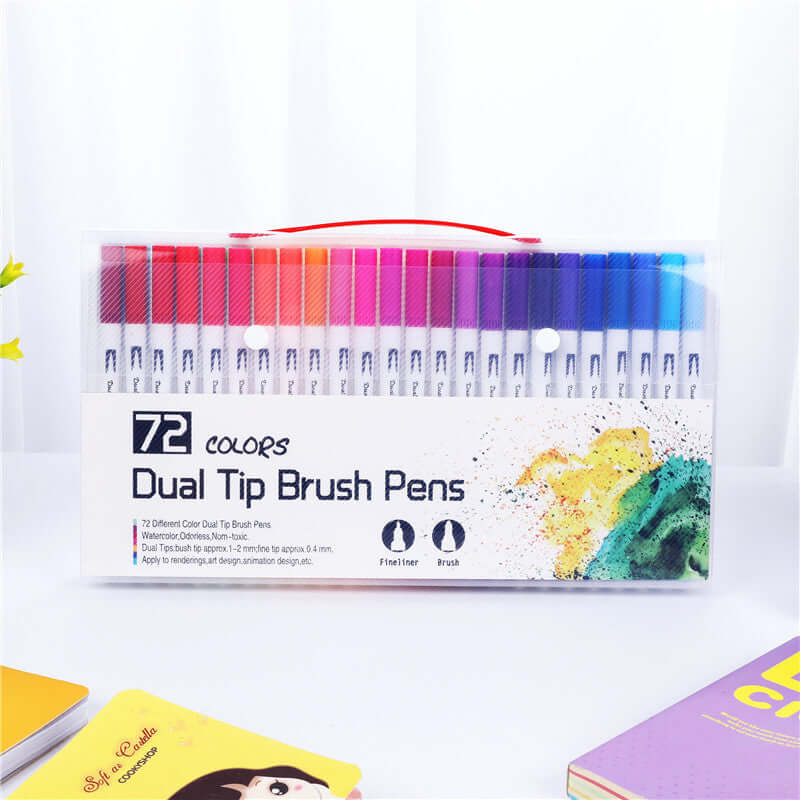 Water-Based Color Markers and Drawing Pens in a clear case featuring 72 vibrant dual tip brush pens.