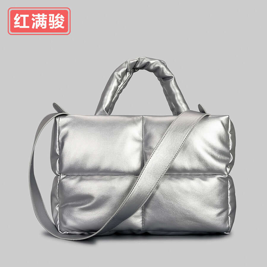 Women's Quilted Square Tote Bag for Autumn/Winter in metallic silver with stylish puffy design.