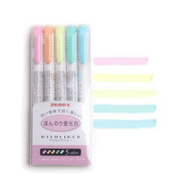 Dual-Head Fluorescent Marker Pen Set, Zebra Markers with 5 soft colors for elegant note highlighting.