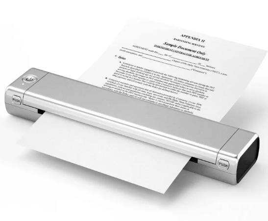 Wireless Thermal Printer printing documents with a sleek, portable design and inkless technology.