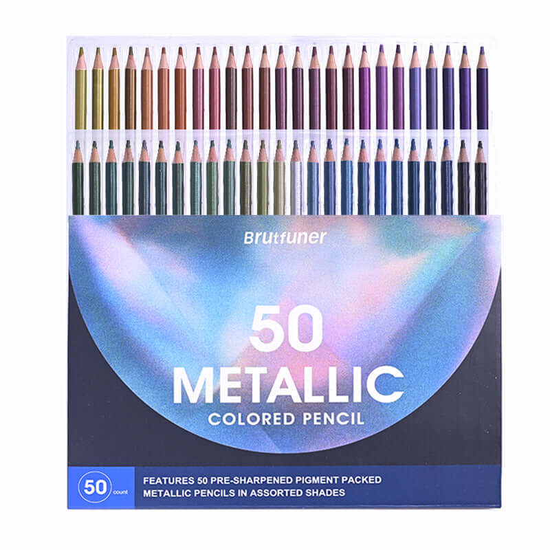 Brutfuner 50-Color Pearlescent Colored Pencils Set with 50 metallic colored pencils in assorted shades.