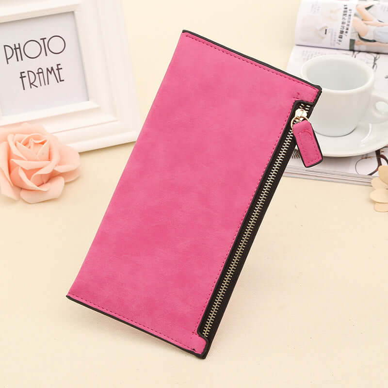 Personalized Long Wallet for Women in vibrant pink color with zipper and high-quality PU leather.