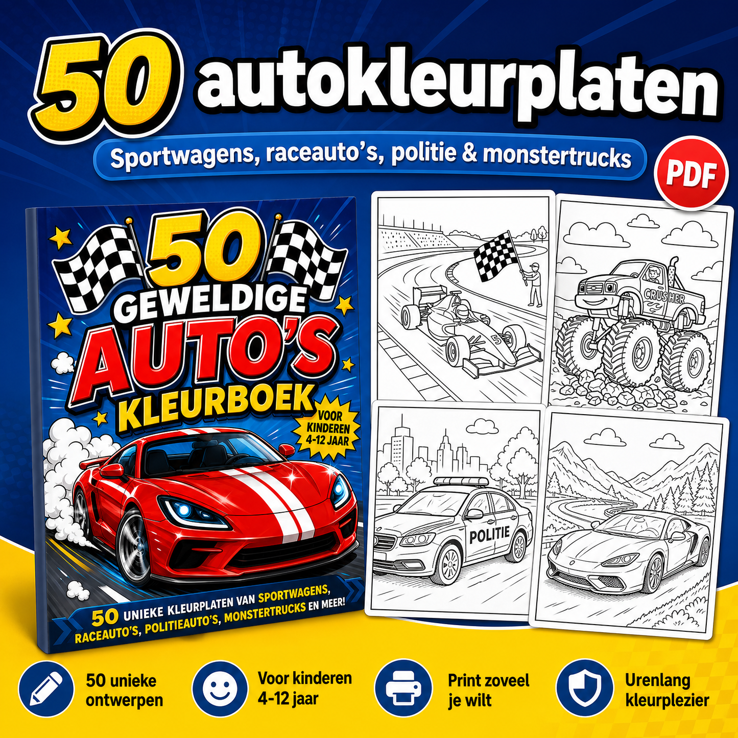50 Geweldige Auto Kleurplaten – Digitaal Kleurboek voor Kinderen (PDF)
